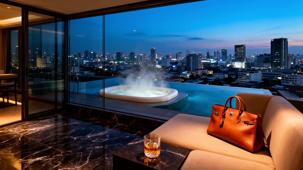 Top-floor Bangkok sky penthouse at twilight, floor-to-ceiling glass with the entire Sukhumvit skyline lit beyond, private rooftop infinity jacuzzi, dark marble floors, no people.