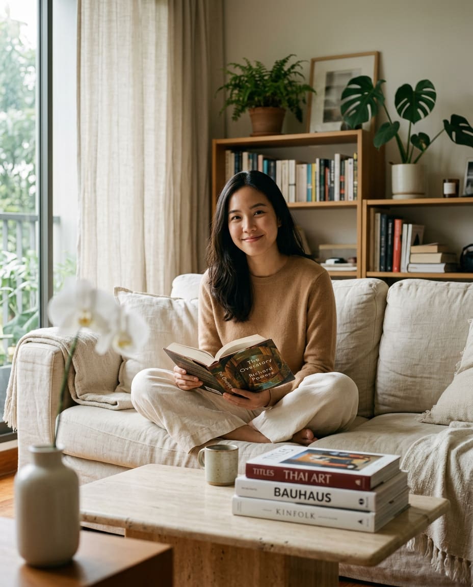 Friend in cashmere reading on a linen sofa