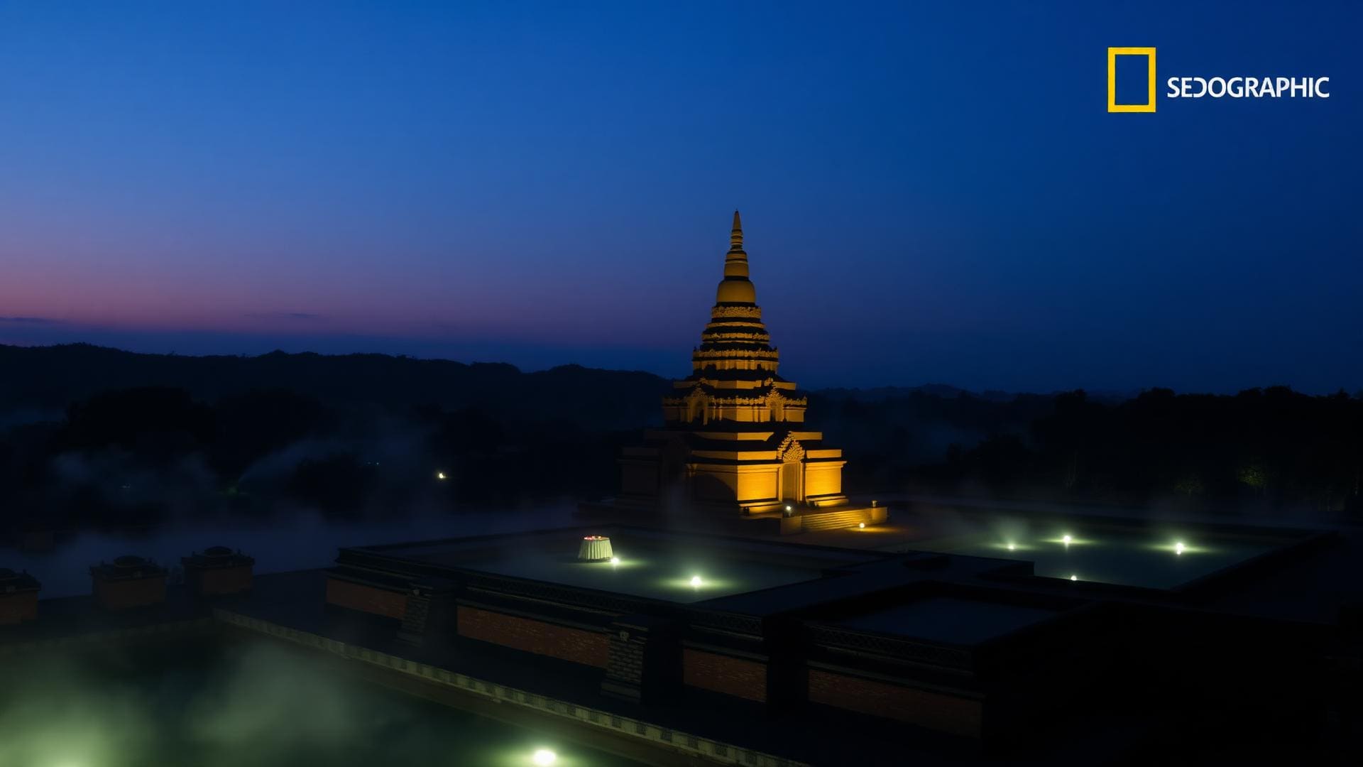 Aerial view at twilight of Sukhothai Historical Park, the central temple ruins floodlit gold against the surrounding lawns, no public visible.