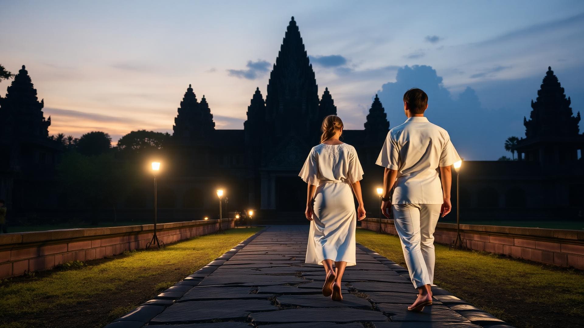 Single black Mercedes Maybach S-Class arriving at a closed gate of Sukhothai Historical Park at dusk, two uniformed guards back-to-camera.