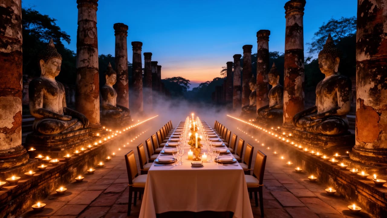 Long candlelit dinner table set inside the floodlit ruins of a 13th-century Sukhothai temple at night, Royal orchestra in traditional dress visible at the side, no spectators or other diners.