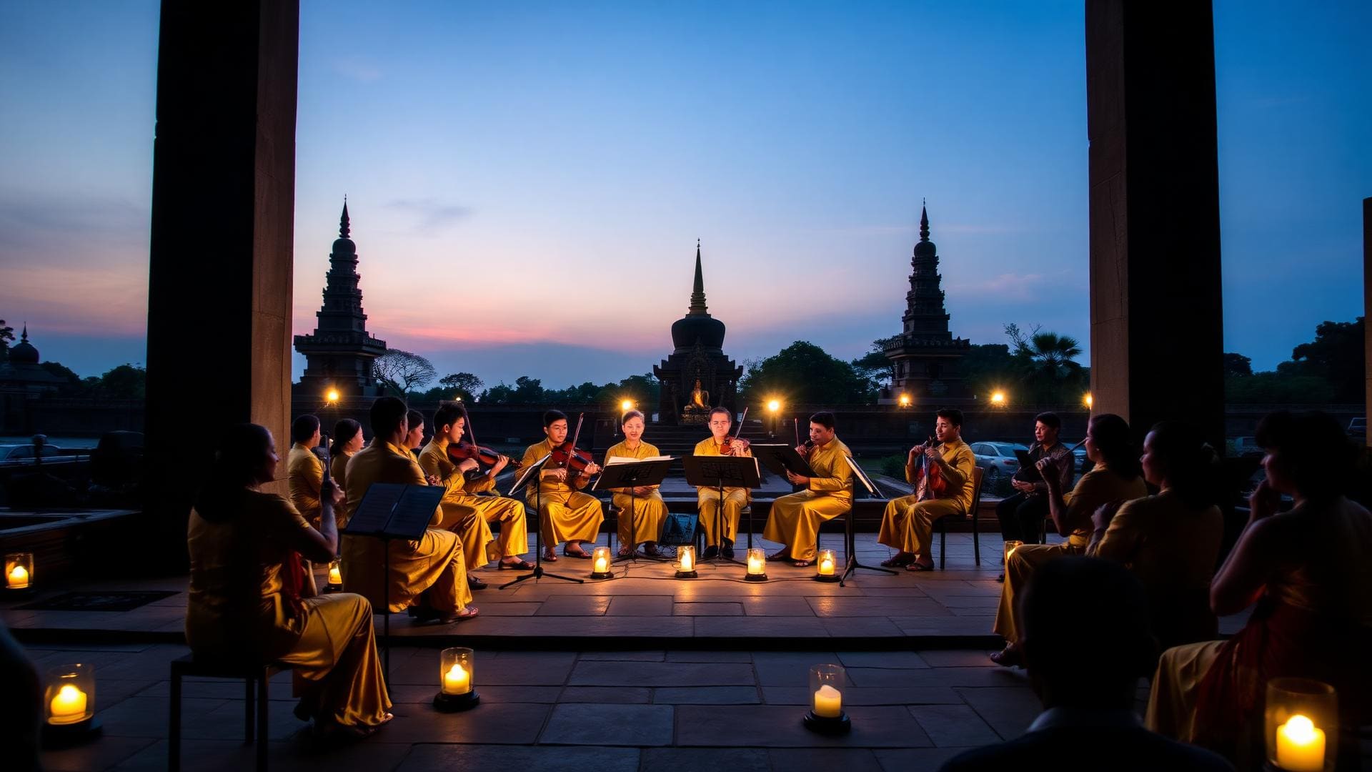 Royal Thai chamber orchestra in formal traditional dress performing in the foreground of a floodlit temple ruin at night, no audience visible.