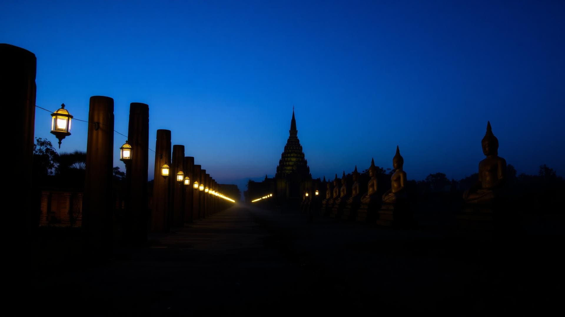 Lit walking path through the Sukhothai temple ruins at night, hurricane lamps spaced along the route, two service staff in traditional dress in soft focus.