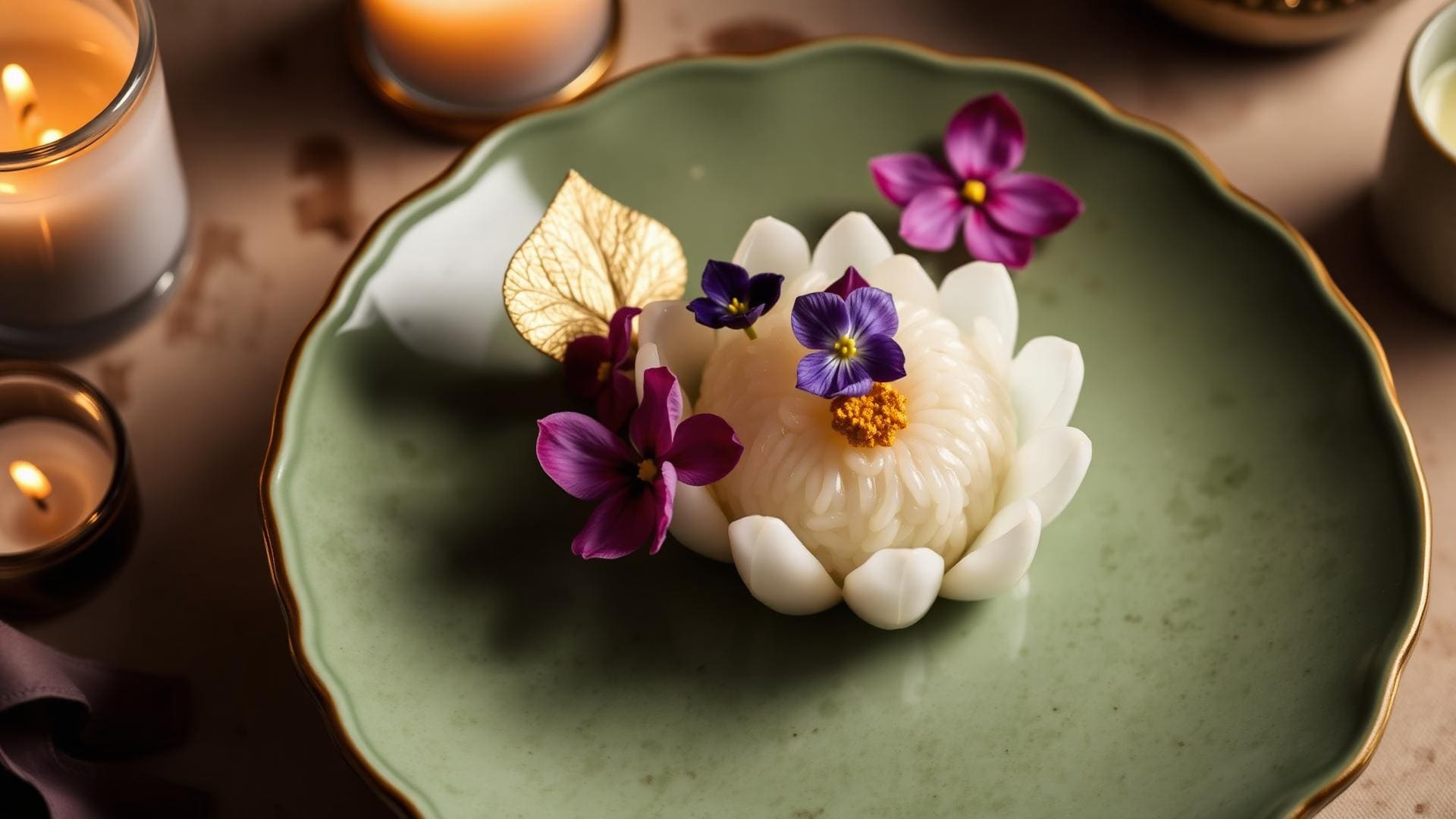 Single tasting course plated on dark hand-thrown ceramic — heritage Thai composition, edible gold leaf, top-down shot, candlelit teak surface.