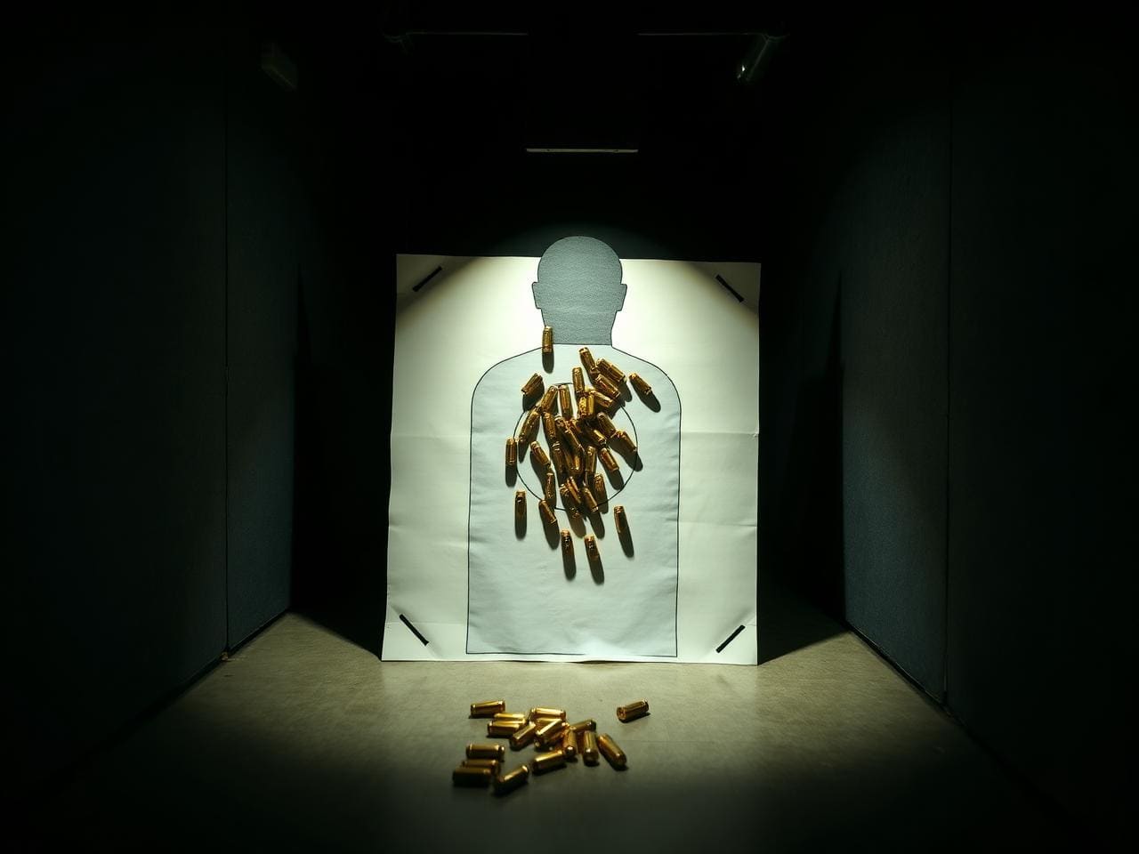 A paper silhouette target at the end of a private indoor shooting range lane, illuminated by the lane spotlight with bullet holes clustered in the centre mass, dark range walls receding, brass casings on the floor.