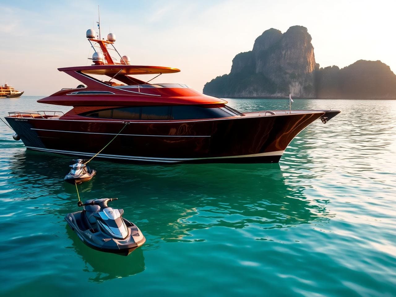 A polished mahogany Riva-style luxury tender at anchor in calm turquoise water off Phuket, two jet skis tethered alongside, water toys visible on the deck, a Phang Nga limestone karst rising in the background.