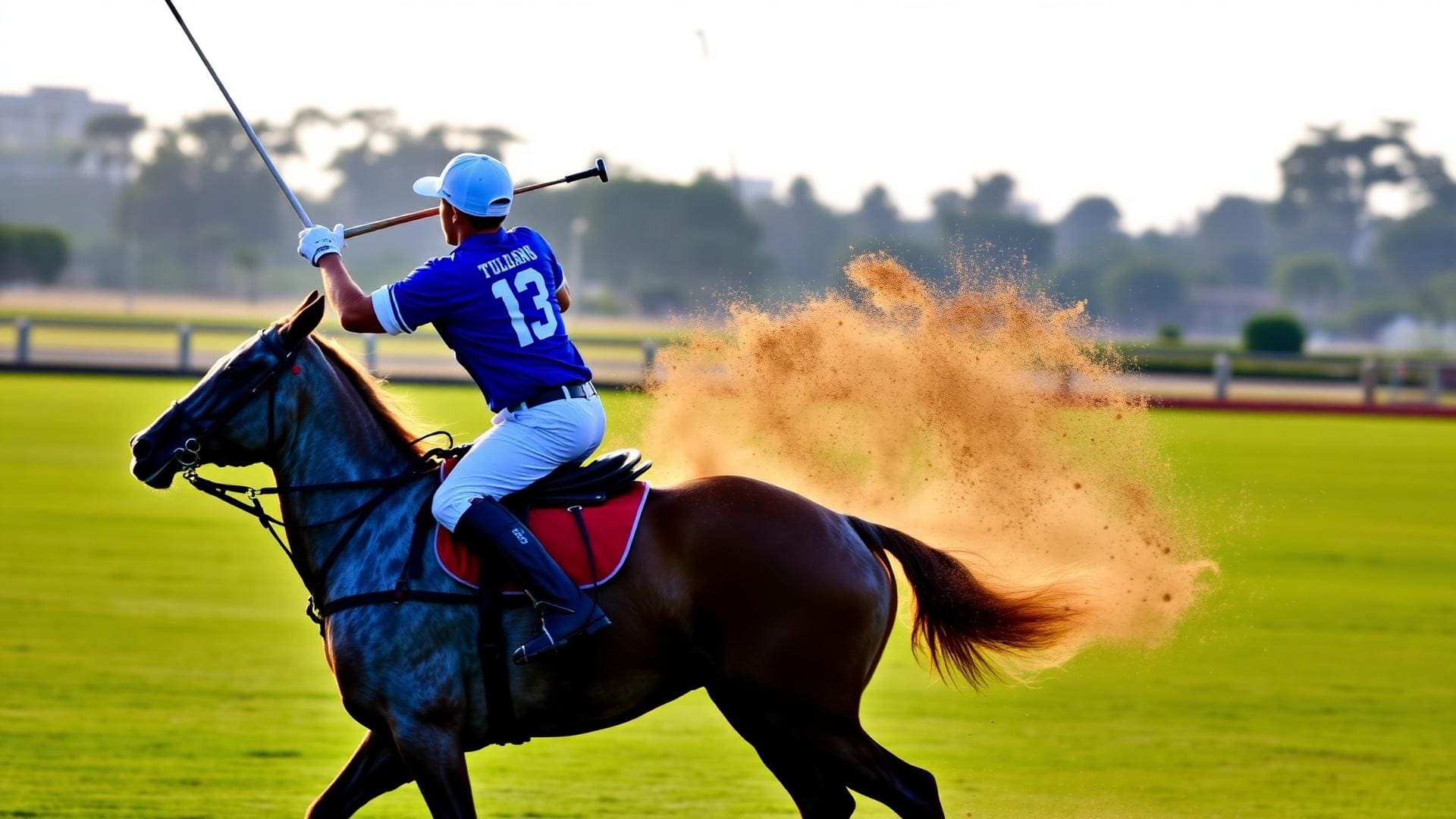 Two polo teams contesting the ball at full gallop on a manicured field, club pros in opposing team colours, no spectators.