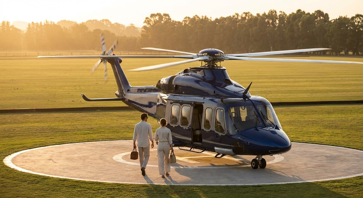 Twin-engine helicopter on the dedicated helipad at Thai Polo Club Pattaya, two passengers boarding back-to-camera, sunset.
