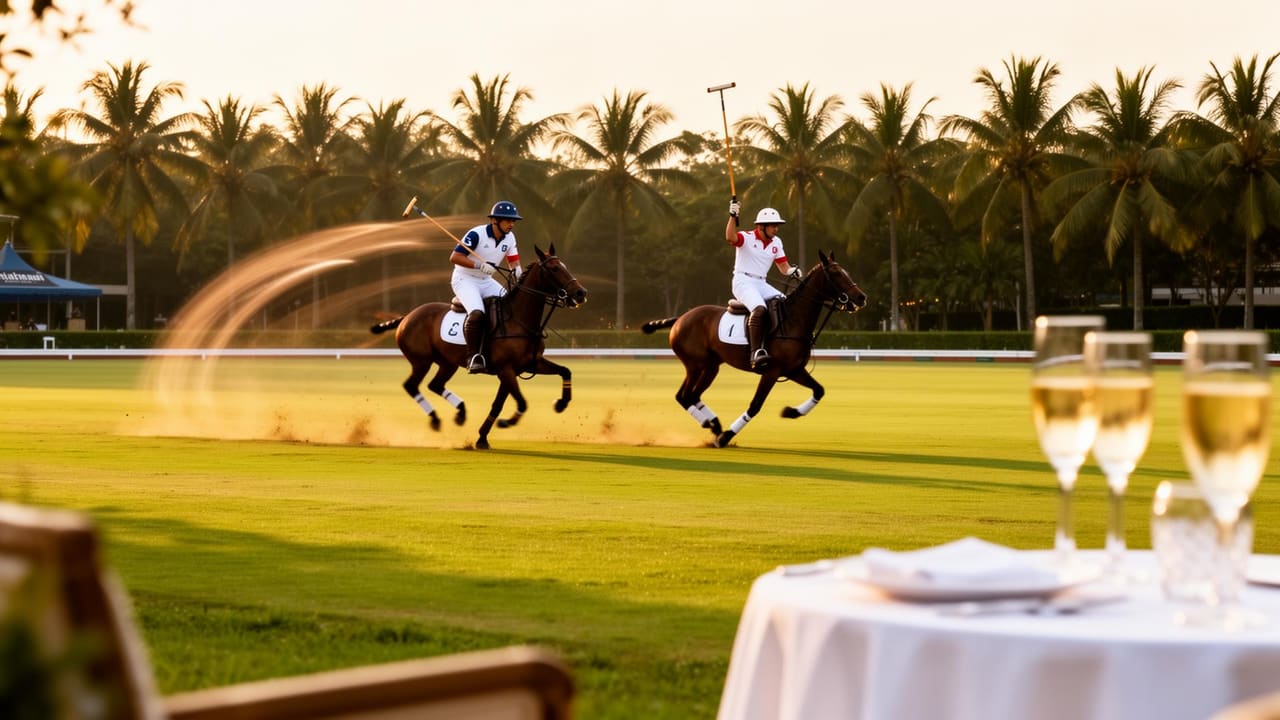 Polo player in white breeches and a navy team shirt at full gallop on a chestnut pony, mallet raised, manicured polo field at Thai Polo Club Pattaya in afternoon light, no spectators.