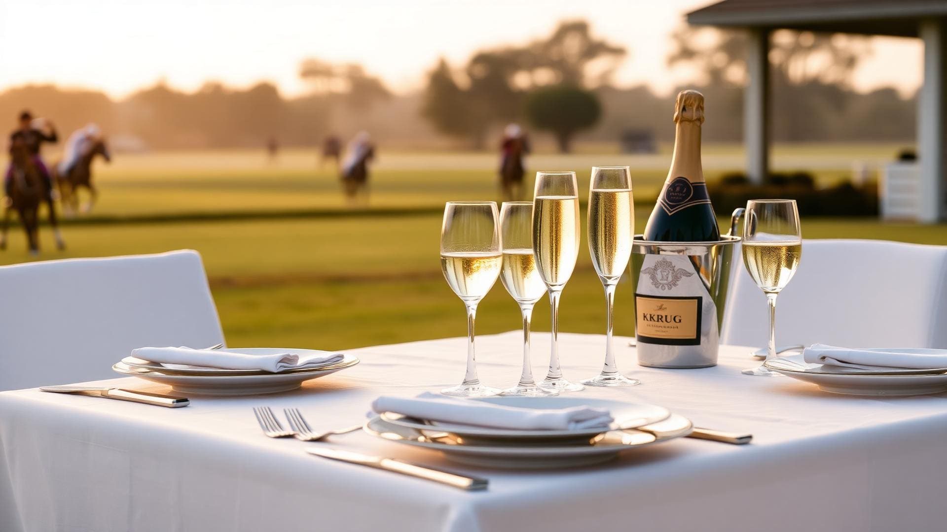 Long lawn-lunch table for fourteen set on white linen at the edge of the polo field, chilled rosé and oysters, parasols, no children.