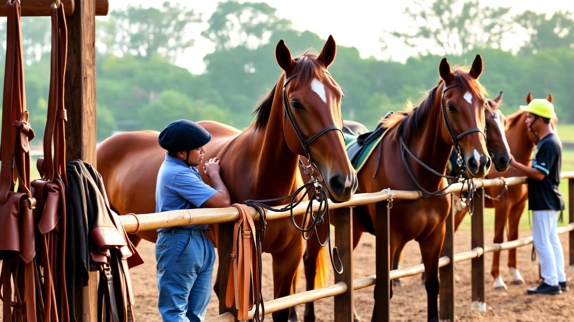 Line of eight polo ponies tied at the picket line under shade trees, grooms in club whites attending each pony, brass nameplates on the bridles.