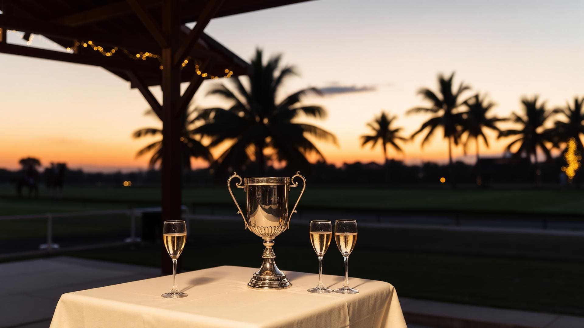 Sterling silver trophy and engraved champagne flutes on a side table after the match, polo players in club whites in soft focus behind.