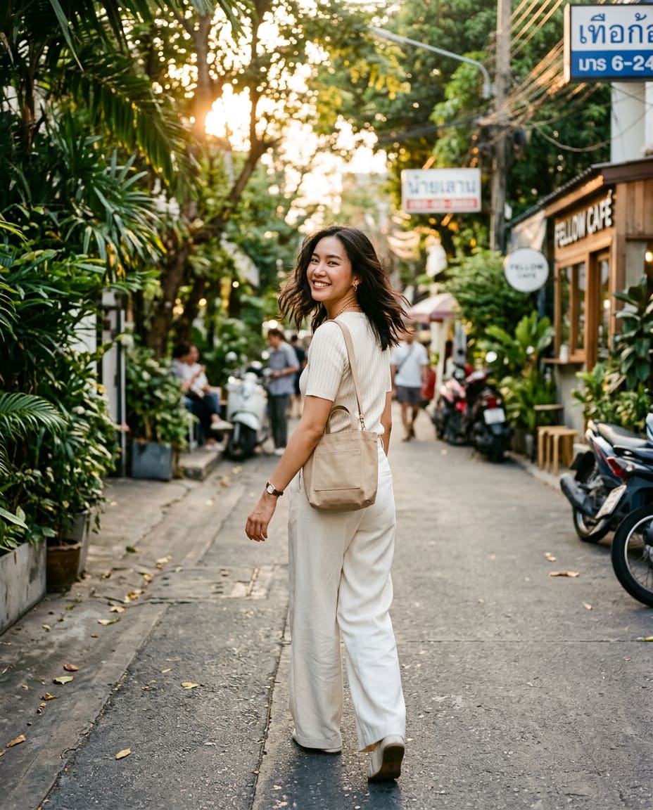 Friend walking a Thonglor side-street at golden hour