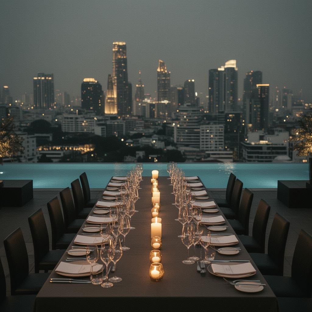 Wide shot of a Bangkok rooftop bar bought out for a private event at sunset, single long table for sixty, skyline beyond.
