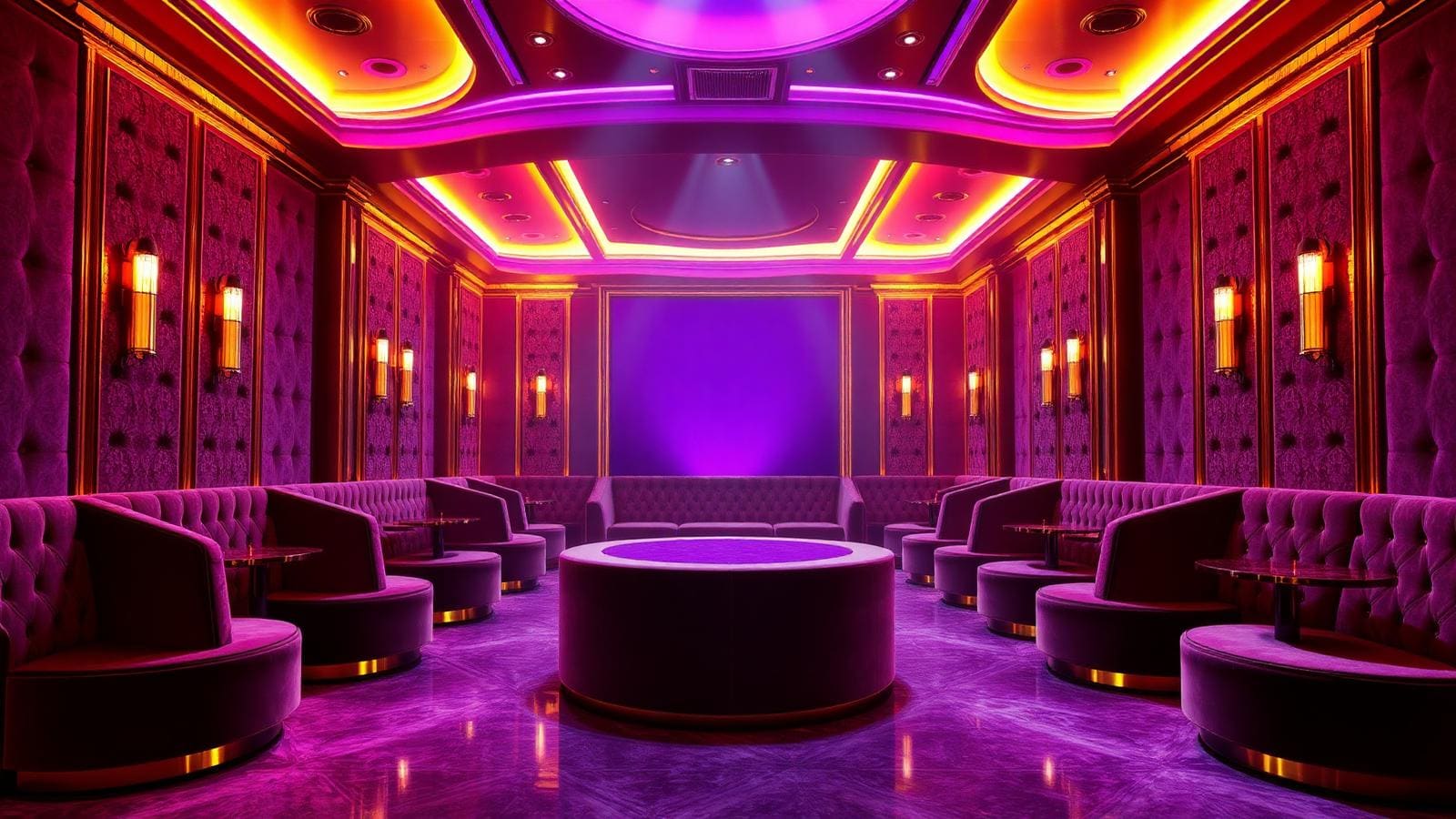 Empty private nightclub before doors close — DJ booth lit, dance floor empty, single host walking the perimeter.