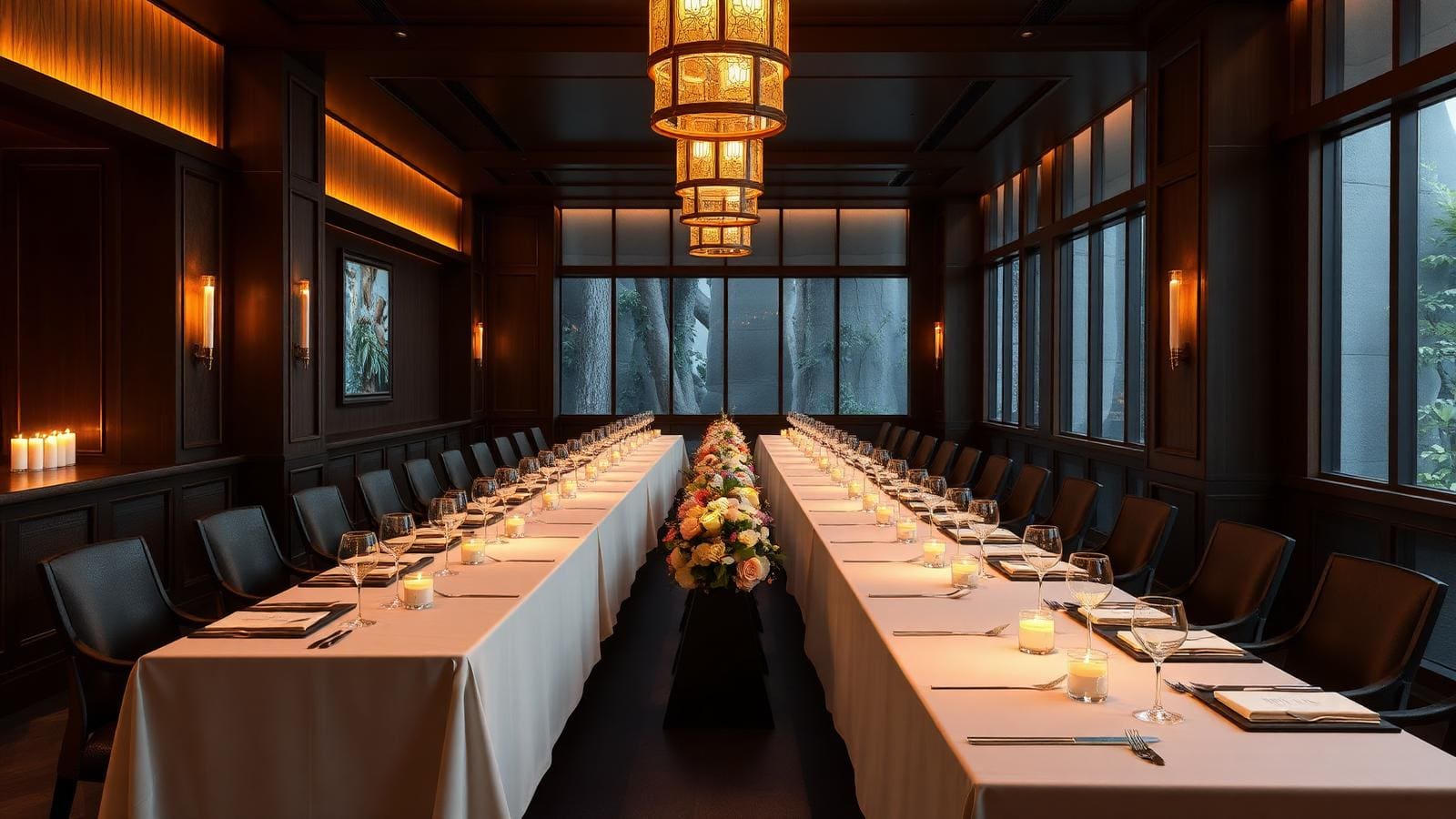 Two-Michelin-star restaurant taken over for a private dinner — every table reset for one party of forty, candles lit.