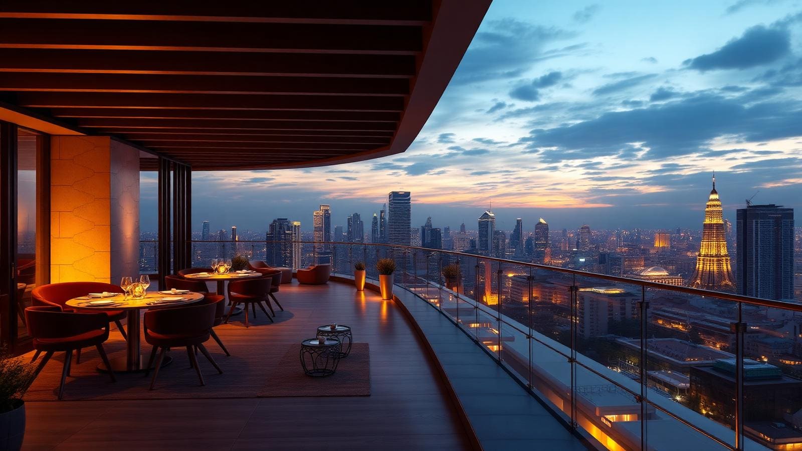 Rooftop infinity bar at golden hour, no other guests, single bartender, empty city skyline view.