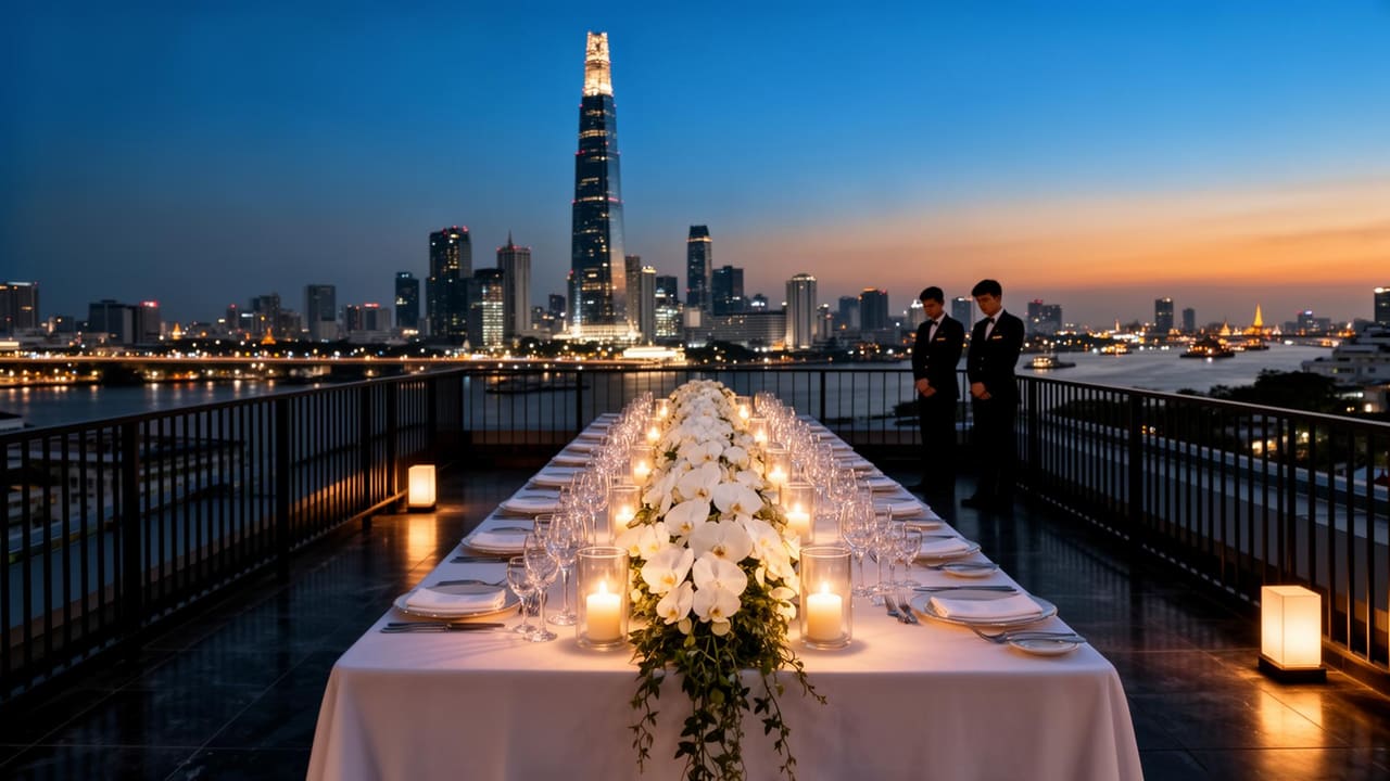 A Bangkok rooftop venue at golden hour, completely empty of the public — long banquet table set for sixty, skyline lit beyond.