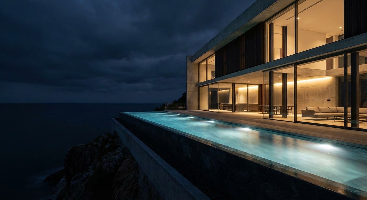 Beachfront villa at night, deck-level lighting, the sand visible just beyond the pool fence.