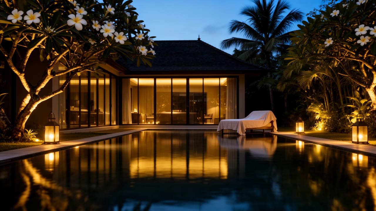 Private Bangkok pool villa at twilight with lit infinity pool and tropical garden