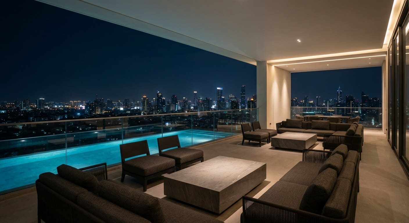 Private Bangkok villa pool at night set up for a private gathering with ambient lighting