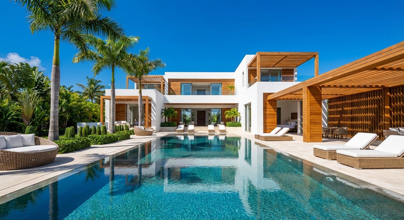 Private Bangkok pool villa exterior at golden hour with long lit pool and tropical garden