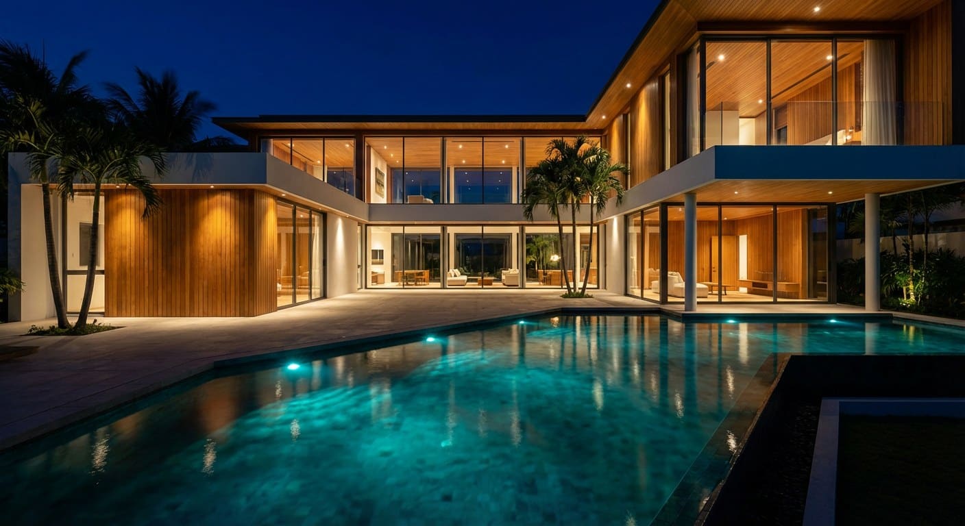 Private pool villa at night, lit infinity pool, two chilled bottles of Krug on the teak deck, no people.