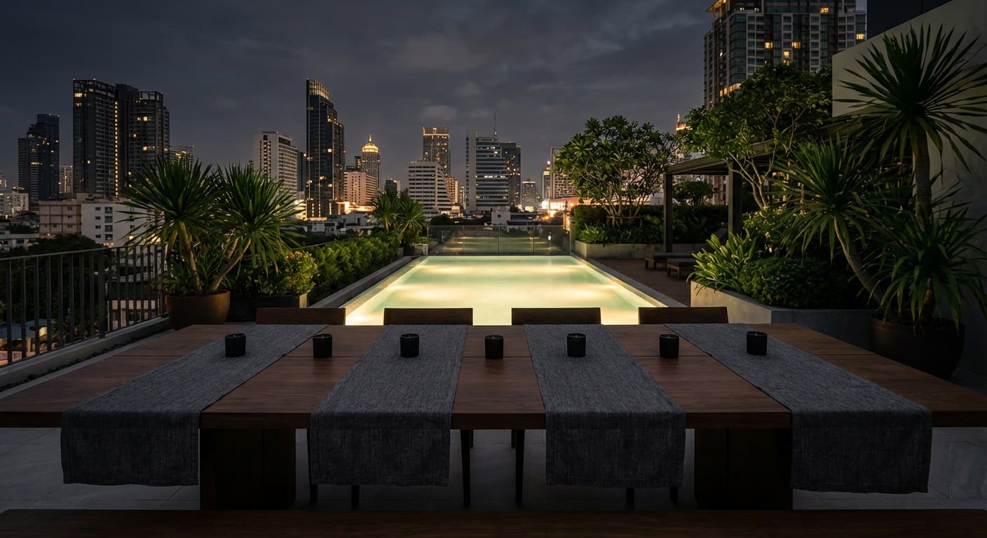 Skyline rooftop dining table set for the group above Bangkok at golden hour
