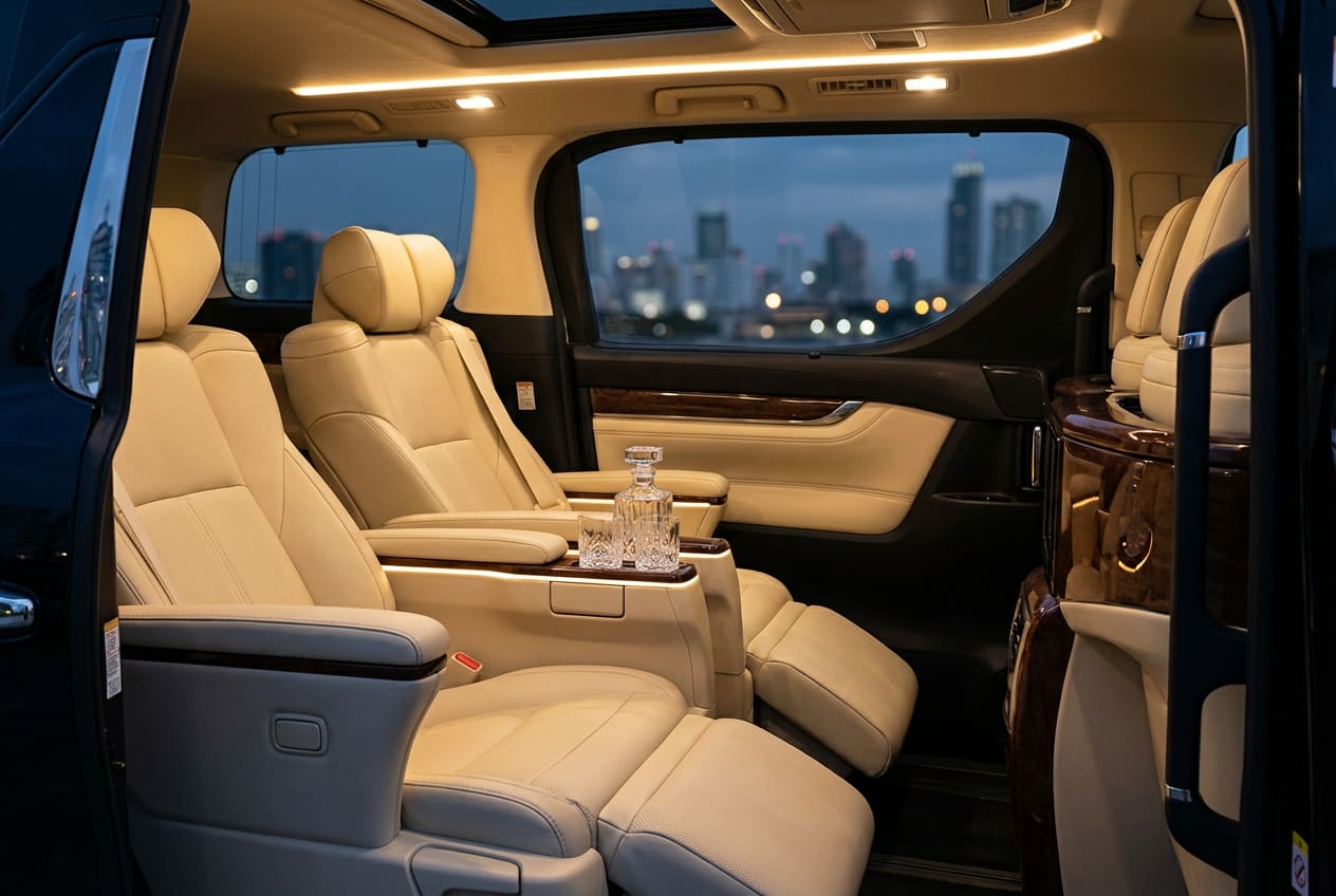 Toyota Alphard interior — cream leather captain’s chairs, cold water in the door pocket, soft warm cabin light.