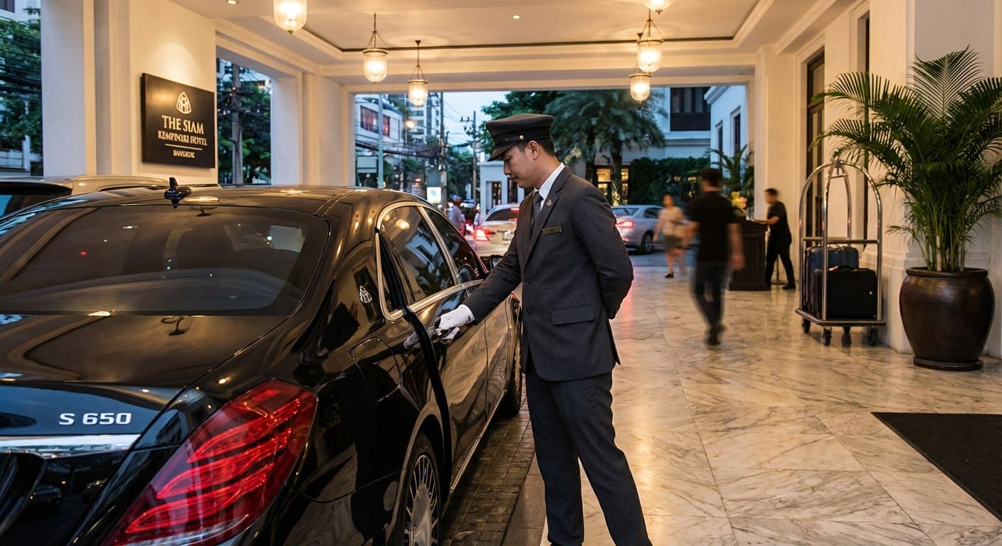 Chauffeur in pressed dark suit holding the rear door open at a Bangkok hotel porte-cochère.