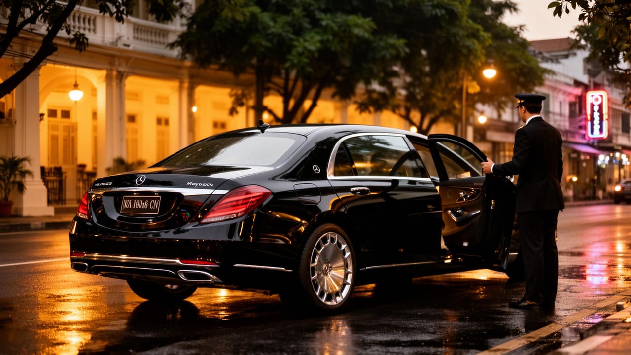 A polished black Mercedes-Maybach S-Class on a rain-slicked Bangkok side street at dusk, chauffeur in dark suit holding the rear door open, warm amber streetlights reflecting on wet asphalt.
