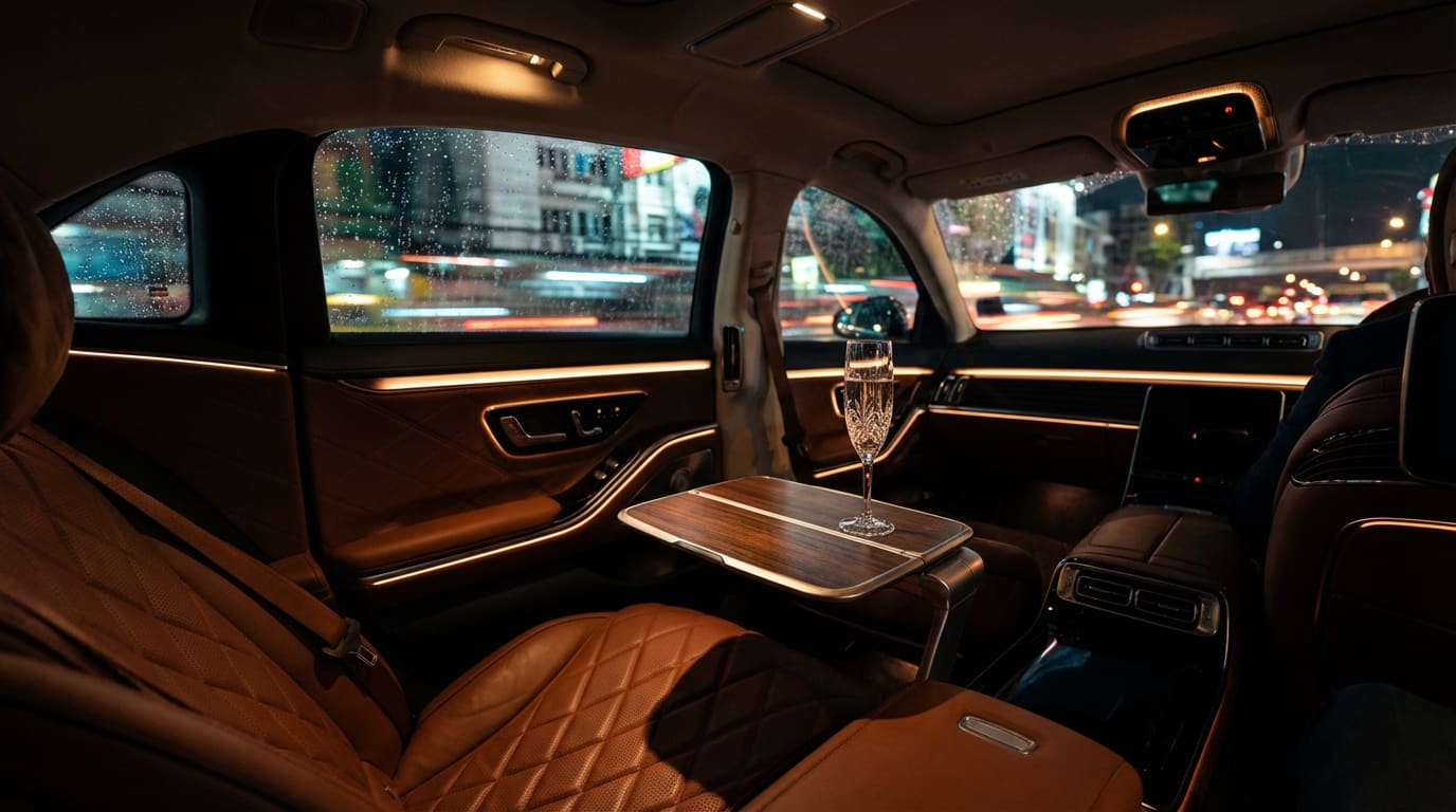 Maybach S-Class rear cabin from inside — chilled water, today’s newspaper, soft ambient light, Bangkok skyline blurred beyond.