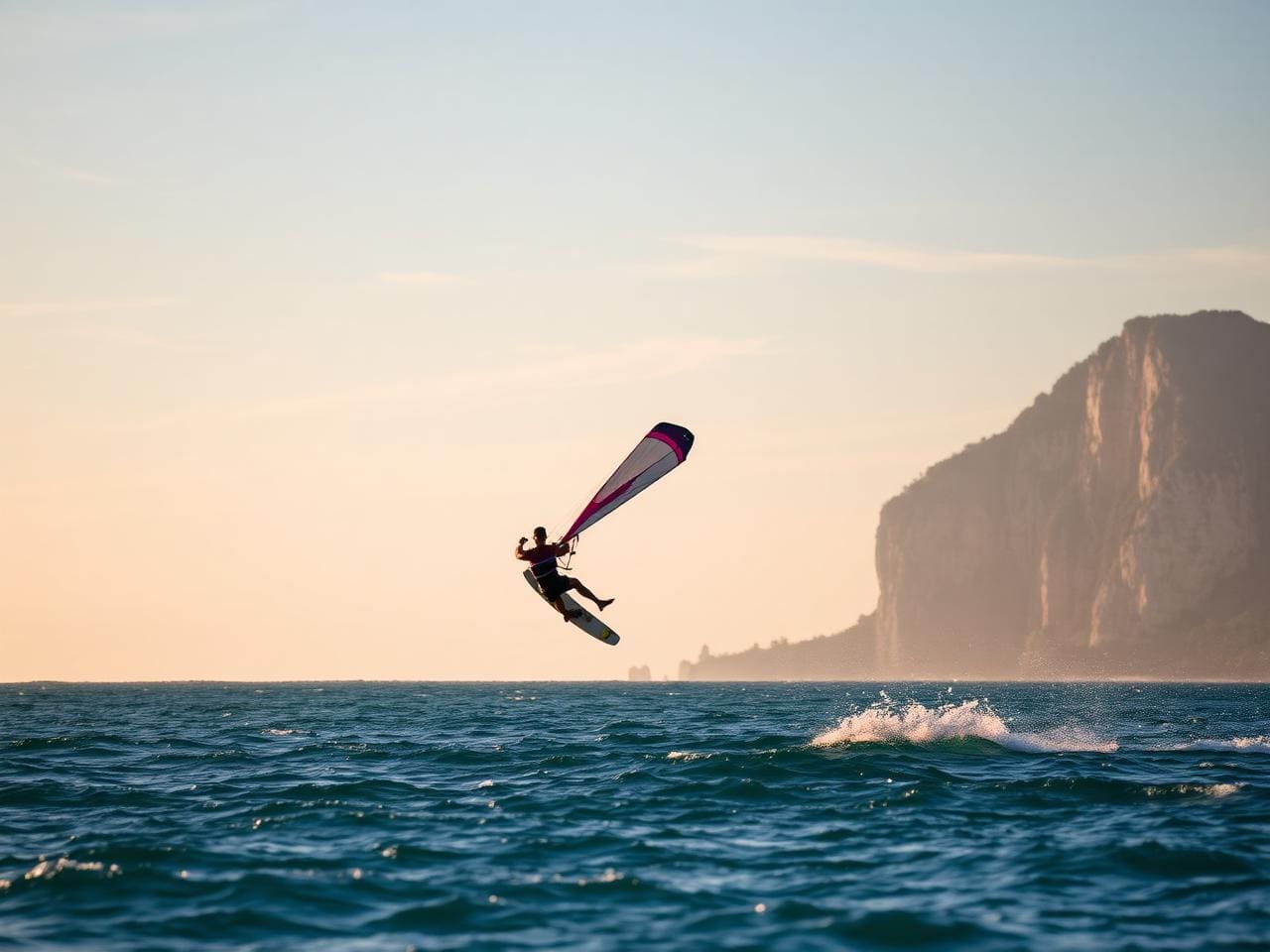 A wing-foiler in mid-air carving turn against a dramatic Andaman Sea backdrop with a Phuket limestone karst in the distance, magenta and grey wing inflated above the rider, late afternoon light.