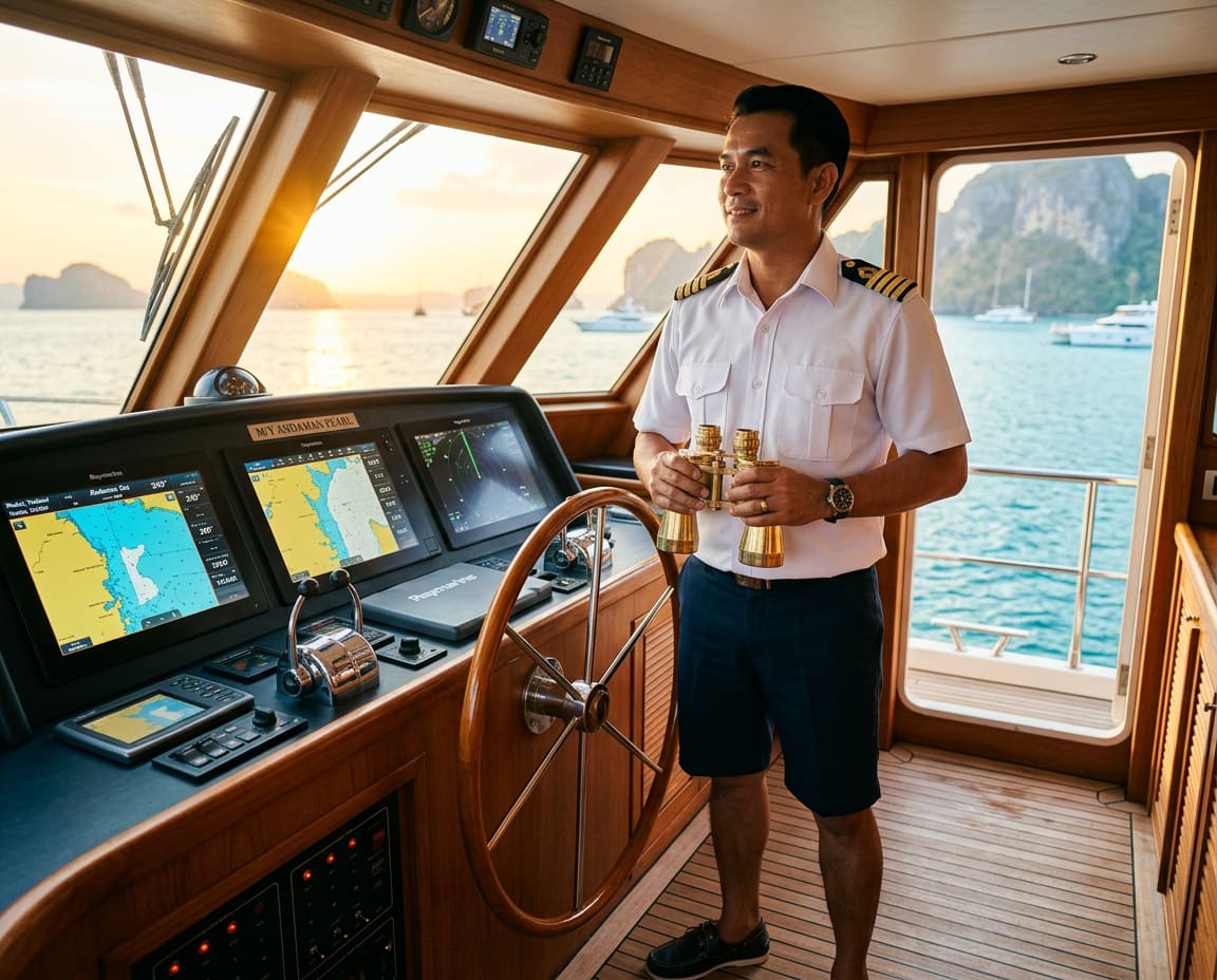 Thai yacht captain in white uniform standing at the teak helm with brass binoculars in hand while golden-hour light enters the wheelhouse.