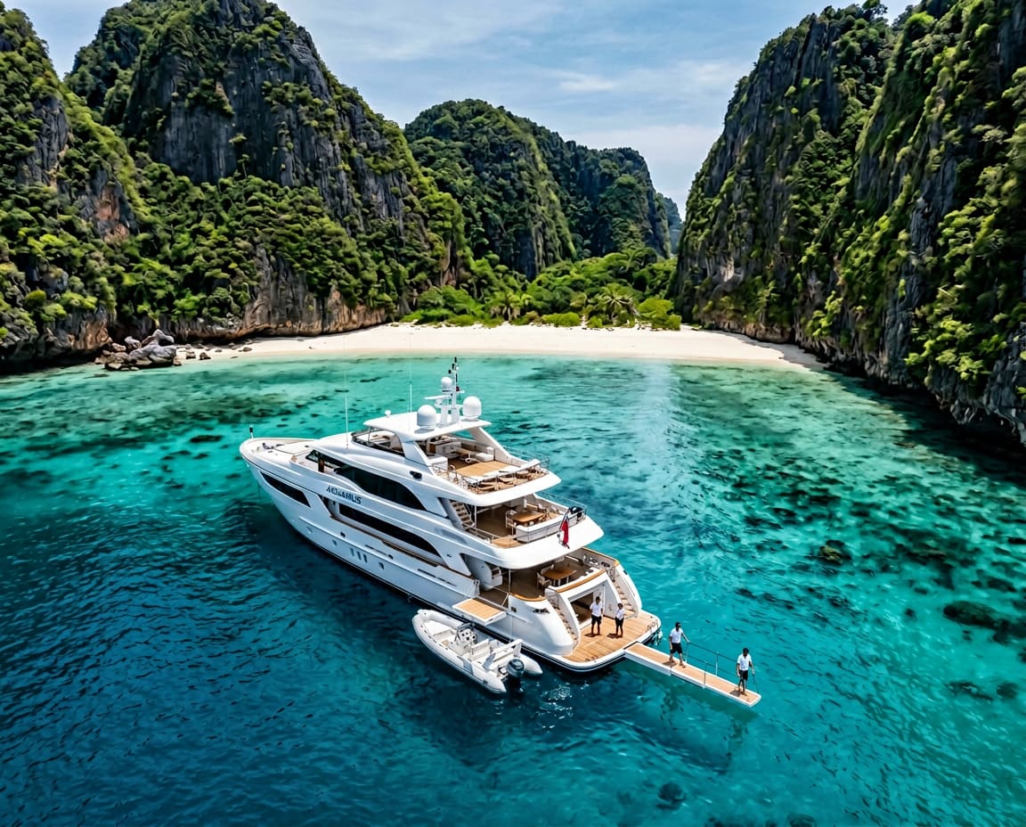 Private motor yacht moored in glass-clear turquoise water beside a limestone cove on Phi Phi, gangway lowered, no other boats in frame.