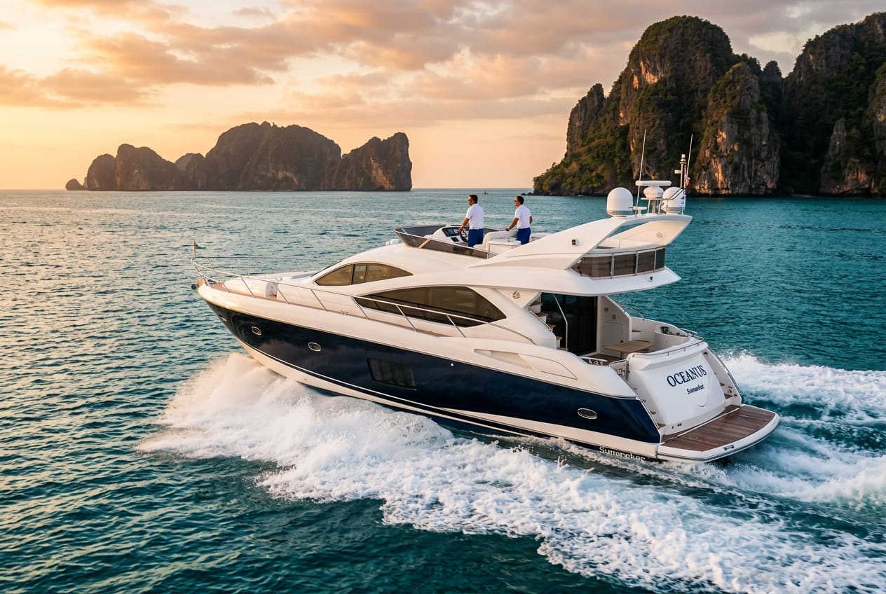 A pearlescent-white Sunseeker motor yacht crossing the Andaman Sea between Phuket and Phi Phi at golden hour, limestone karsts behind, white wake curling out behind the hull.