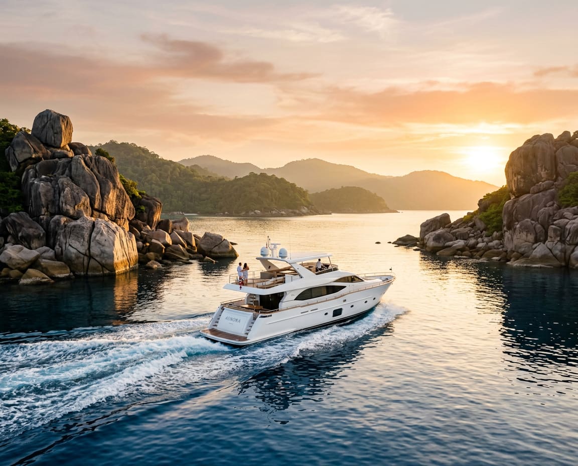 Private motor yacht moving through the Similan Islands at golden hour, granite boulders and cobalt water surrounding the route, no other boats visible.