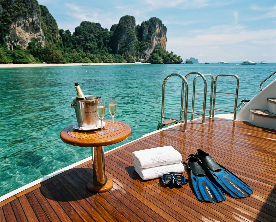 Polished teak swim platform with champagne, towels, fins, and snorkel gear above clear Andaman water with Phi Phi cliffs beyond.