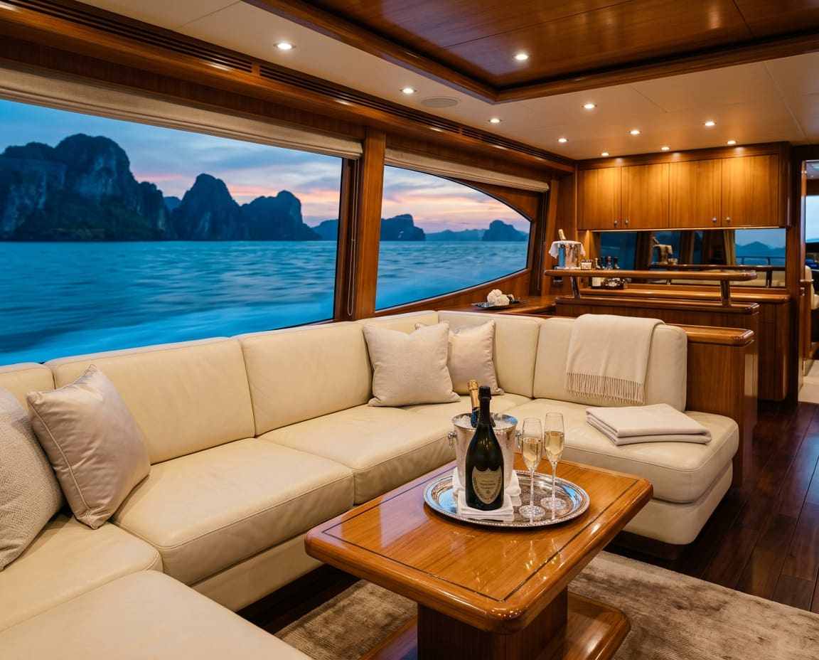 Cream leather yacht saloon with polished teak cabinetry, Dom Pérignon on ice, and limestone islands sliding past the panoramic windows at dusk.